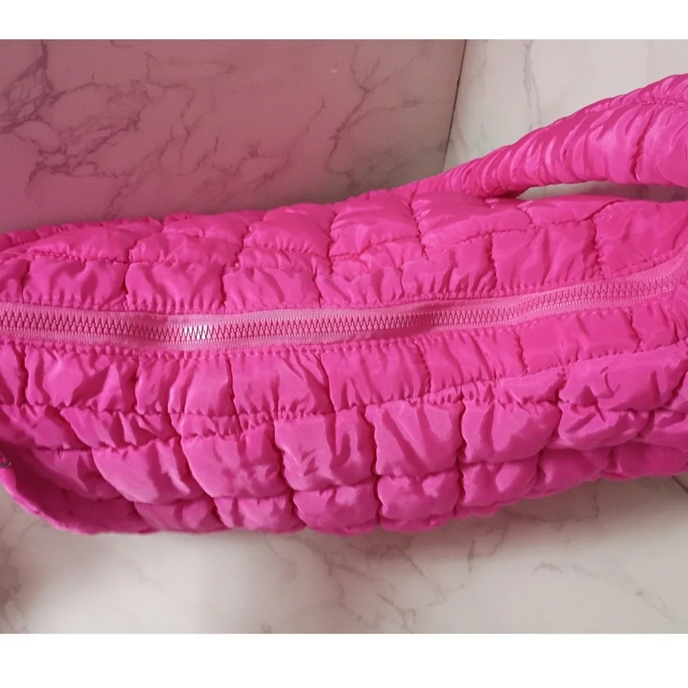 Hot Pink Quilted Puffer Hobo Bag & Clinque Striped Cosmetic Bag